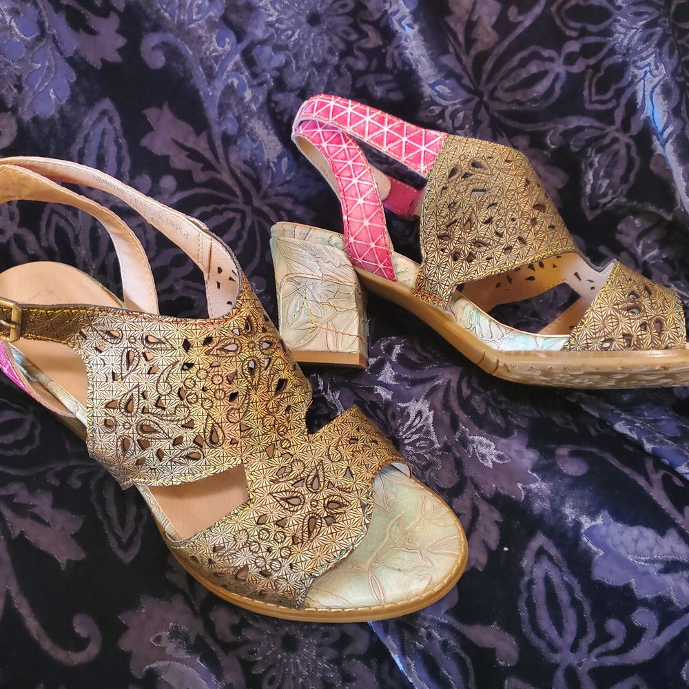 Gold and Pink Floral Heels with Wedge Design
